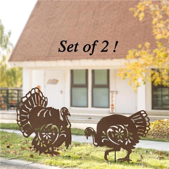 Metal Turkey Garden Stakes Set of 2 Outdoor Thanksgiving Yard Decor Rusty - Picture 3 of 7